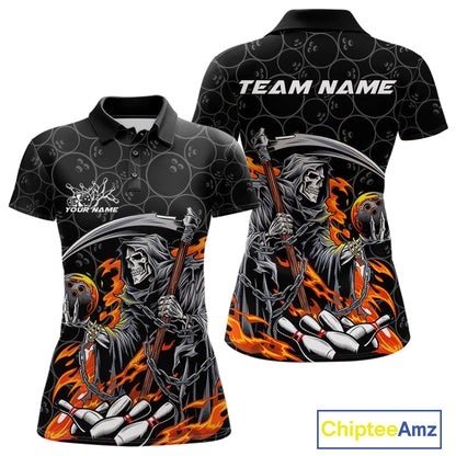 Custom Chaotic Flame Grim Reaper Bowling Women Polo Shirts, Halloween Bowling Team Shirt IPHW9473