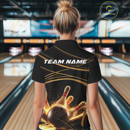 Custom Black And Gold Lane Glowing Bowling Ball And Pins Polo Team Shirts For Women IPHW9474