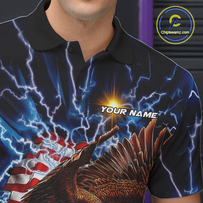 Custom Blue Lightning US Flag Eagle Bowling Team Polo Shirts For Men, Patriotic Bowling IPHW9477