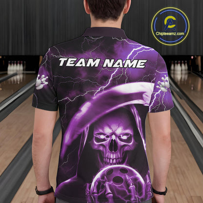 Custom Purple Thunder Lightning Grim Reaper Skull Halloween Bowling Polo Shirts For Men IPHW9853