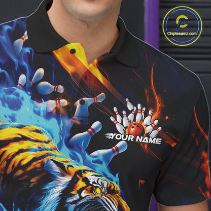 Custom Blue Fire Flame Tiger Bowling Team Polo Shirts For Men, Tiger Bowling Jerseys IPHW9482