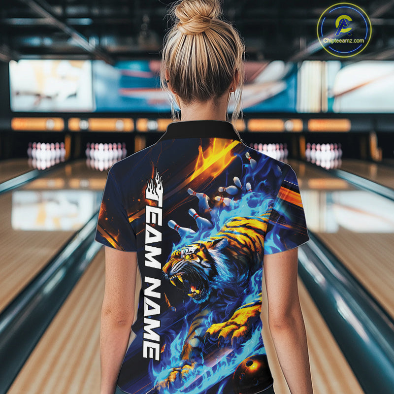 Custom Blue Fire Flame Tiger Bowling Team Women Quarter-Zip Shirts, Tiger Bowling Jerseys IPHW9482