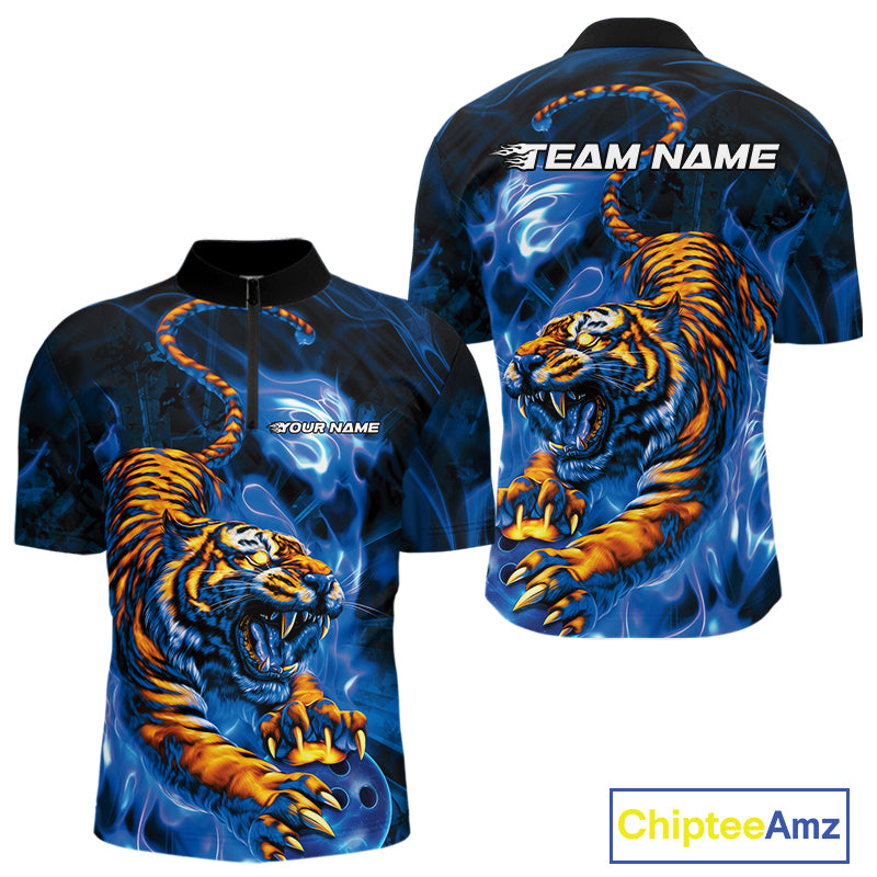 Custom Blue Fire Flame Tiger Bowling Team Quarter-Zip Shirts For Men, Tiger Bowling Jerseys IPHW9486