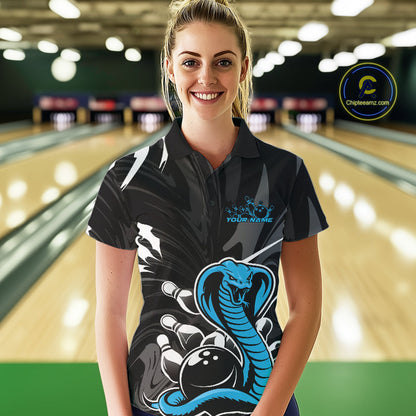 Custom Blue Cobra Snake Bowling Team Jerseys, Bowling Polo Shirts For Women IPHW9710
