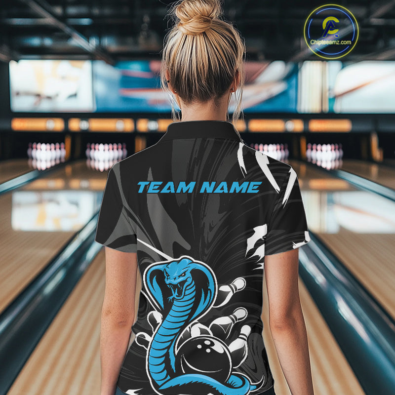 Custom Blue Cobra Snake Bowling Team Jerseys, Bowling Polo Shirts For Women IPHW9710