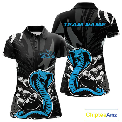 Custom Blue Cobra Snake Bowling Team Jerseys, Bowling Polo Shirts For Women IPHW9710
