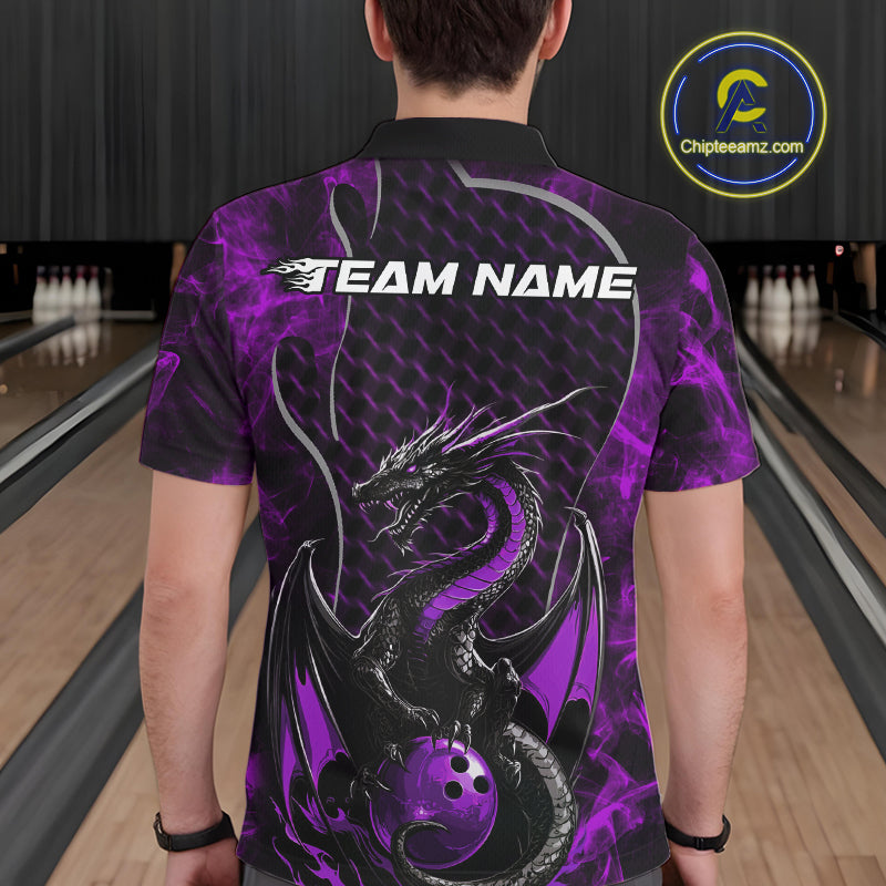 Custom Black And Purple Fire Flame Dragon Bowling Men Polo Shirt, Dragon Bowling Jersey IPHW9865