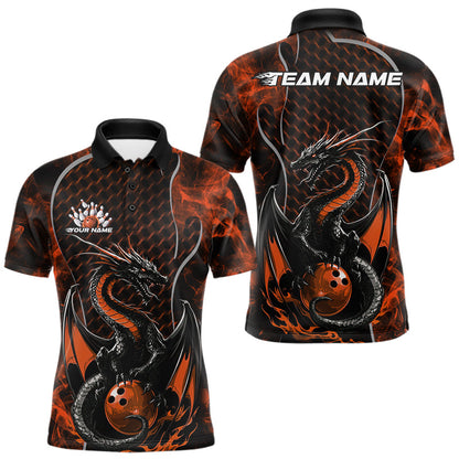 Custom Black And Orange Fire Flame Dragon Bowling Men Polo Shirt, Dragon Bowling Jersey IPHW9867