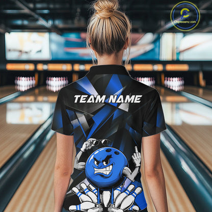 Black And Blue Custom Funny Bowling Team Quarter-Zip Shirts For Women, Bowling Jerseys IPHW9357