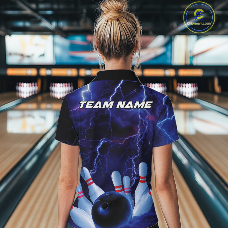 Custom Blue Thunder Lightning Bowling Ball And Pins Women Quarter-Zip Shirt, Team Uniform IPHW9506