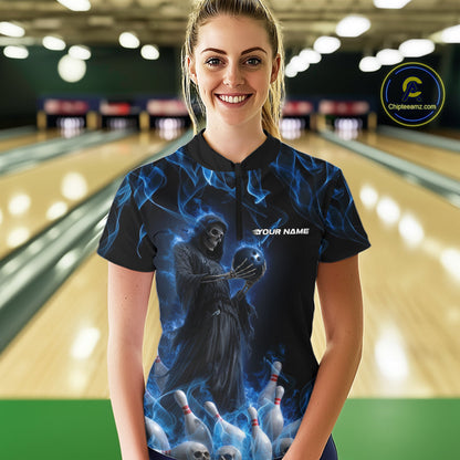 Custom Blue Flame Grim Reaper Bowling Women Quarter-Zip Shirts, Halloween Bowling Outfit IPHW9729