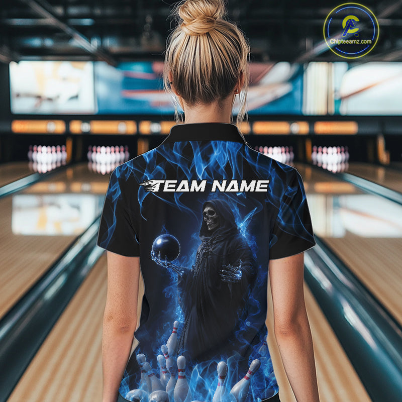 Custom Blue Flame Grim Reaper Bowling Women Quarter-Zip Shirts, Halloween Bowling Outfit IPHW9729