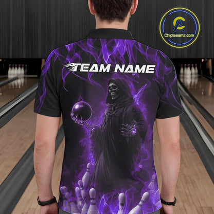 Custom Purple Flame Grim Reaper Bowling Polo Shirts For Men, Halloween Bowling Outfit IPHW9732
