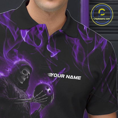 Custom Purple Flame Grim Reaper Bowling Polo Shirts For Men, Halloween Bowling Outfit IPHW9732