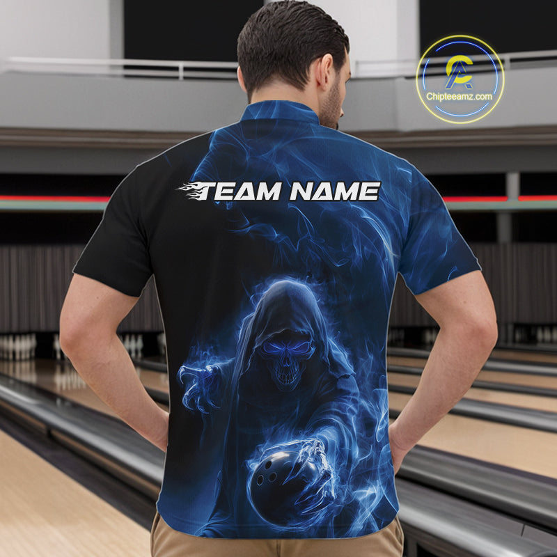 Custom Black And Blue Smoke Flame Grim Reaper Halloween Bowling Men Quarter-Zip Shirts IPHW9739