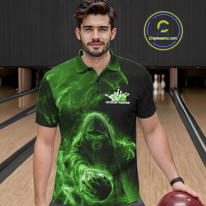 Custom Black And Green Smoke Flame Grim Reaper Halloween Bowling Men Polo Shirts IPHW9741