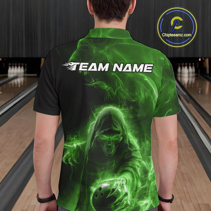 Custom Black And Green Smoke Flame Grim Reaper Halloween Bowling Men Polo Shirts IPHW9741