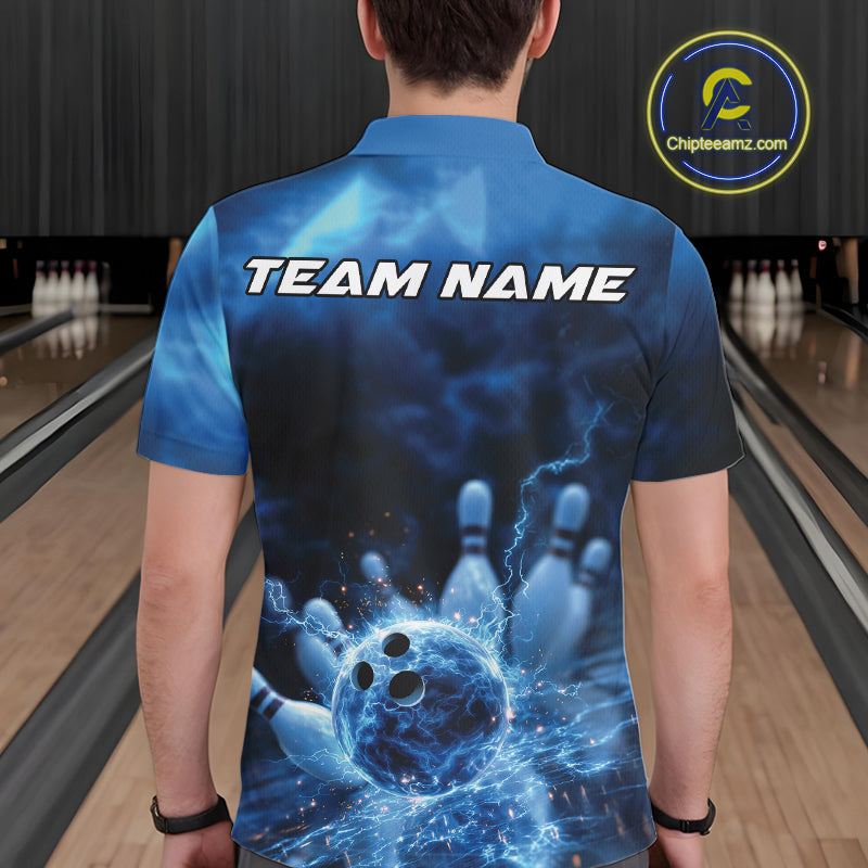 Custom Blue Thunder Lightning Bowling Team Men Polo Shirts, Bowling Jerseys IPHW9747