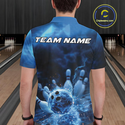 Custom Blue Thunder Lightning Bowling Team Men Polo Shirts, Bowling Jerseys IPHW9747