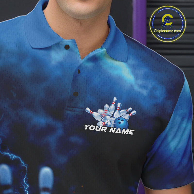 Custom Blue Thunder Lightning Bowling Team Men Polo Shirts, Bowling Jerseys IPHW9747