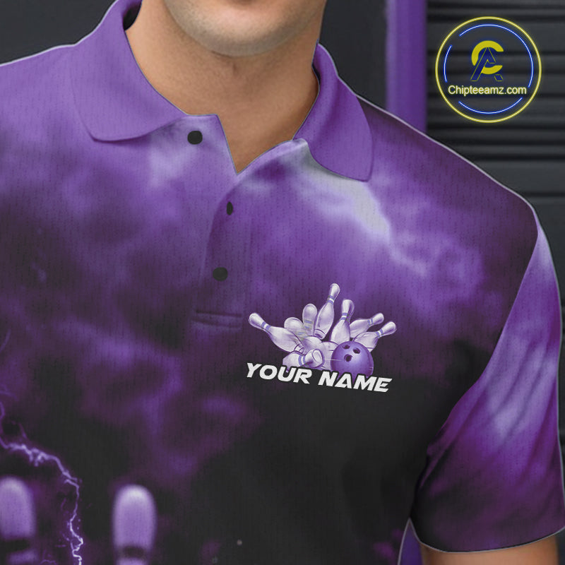 Custom Purple Thunder Lightning Bowling Team Men Polo Shirts, Bowling Jerseys IPHW9748