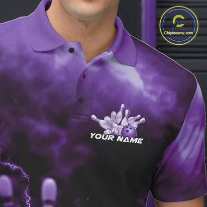 Custom Purple Thunder Lightning Bowling Team Men Polo Shirts, Bowling Jerseys IPHW9748