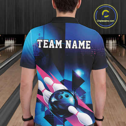 Custom Blue And Pink Futuristic Bowling Polo Team Shirts For Men, Bowling League Shirt IPHW9513