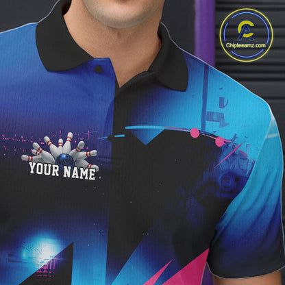Custom Blue And Pink Futuristic Bowling Polo Team Shirts For Men, Bowling League Shirt IPHW9513