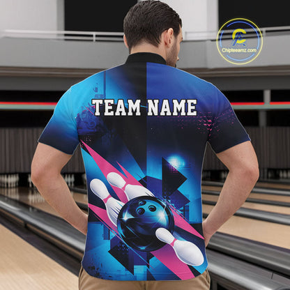 Custom Blue And Pink Futuristic Bowling Quarter-Zip Team Shirts For Men, Bowling League Shirt IPHW9513