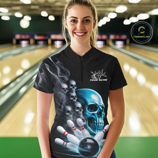 Custom Blue Glowing Ghostly Skull Bowling Women Quarter-Zip Shirt, Halloween Outfit IPHW9515