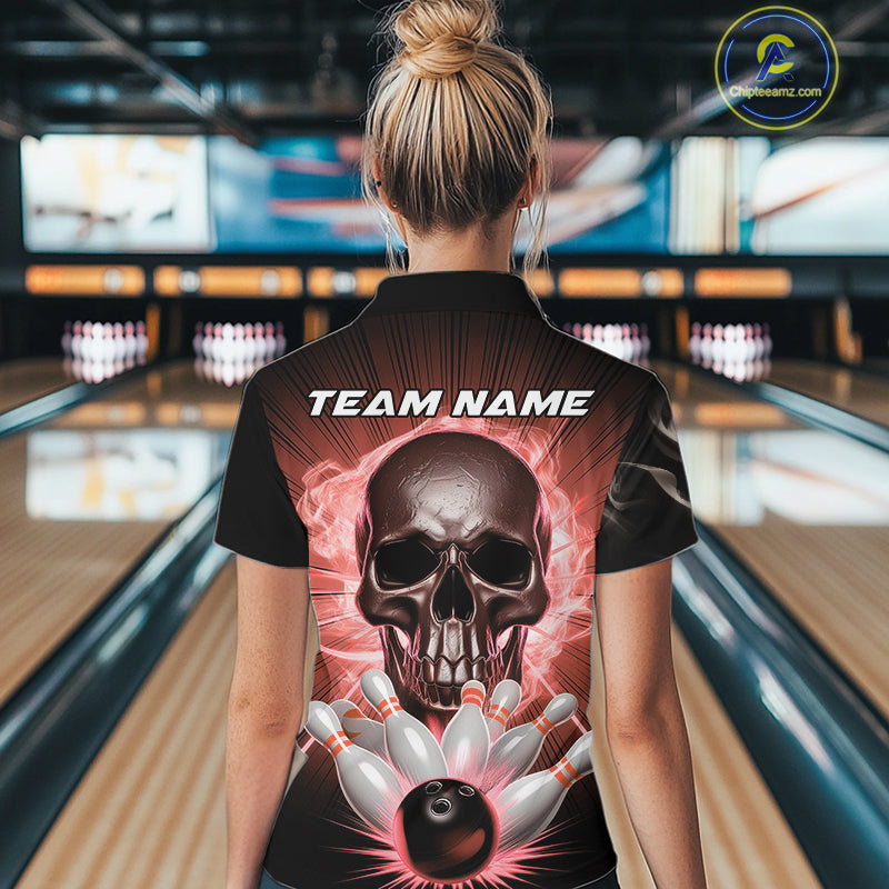 Custom Red Glowing Ghostly Skull Bowling Women Quarter-Zip Shirt, Halloween Outfit IPHW9516