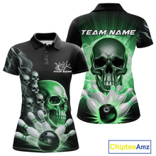 Load image into Gallery viewer, Custom Green Glowing Ghostly Skull Bowling Women Polo Shirt, Halloween Bowlers Outfit IPHW9518