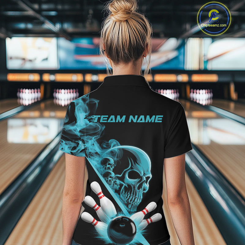 Custom Blue Smoke Skull Women Bowling Team Quarter-Zip Shirts, Hallowen Bowlers Jerseys IPHW9523