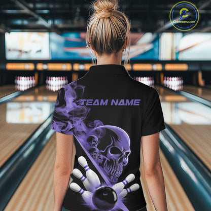 Custom Purple Smoke Skull Women Bowling Team Quarter-Zip Shirts, Hallowen Bowlers Jerseys IPHW9525