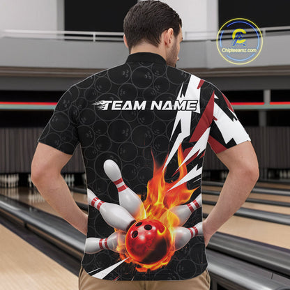 Custom Fiery Red Bowling Men Quarter-Zip Shirts, Inferno Flame Bowling Team League Shirt IPHW9526