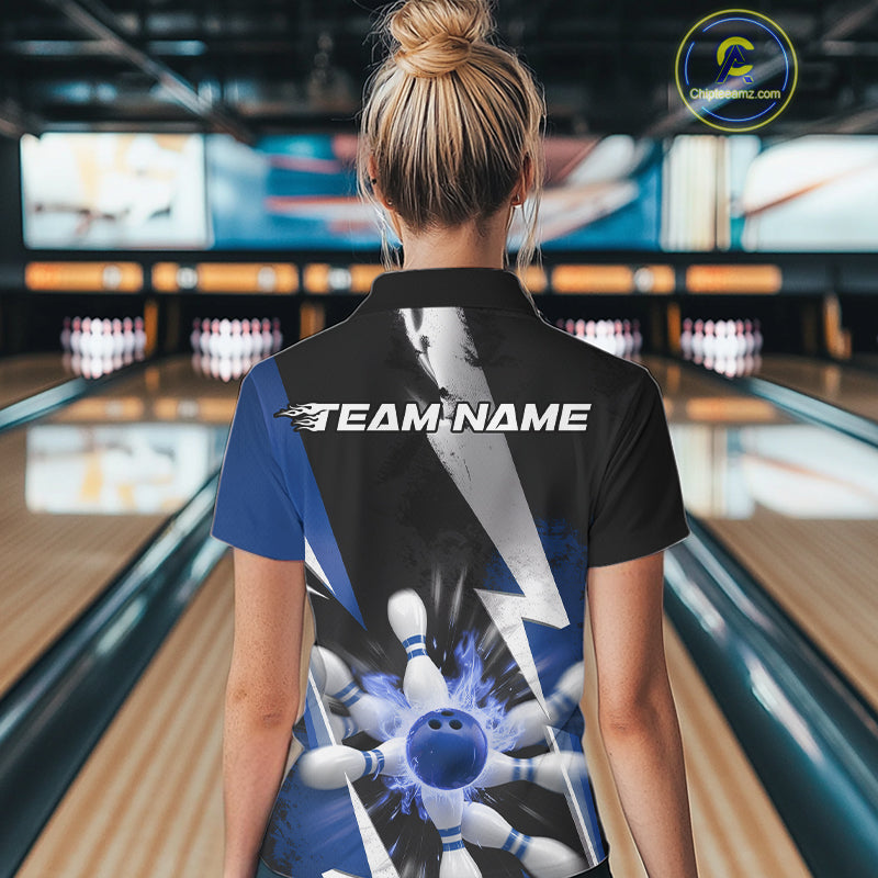 Custom Fiery Blue Bowling Women Polo Team Shirt, Fire Flame Bowling Jerseys Bowler Outfit IPHW9530