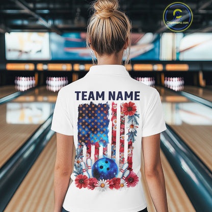 Custom Wild Flower Patriotic US Flag Bowling Polo Shirts For Women, Hippie Bowling Shirt IPHW9753