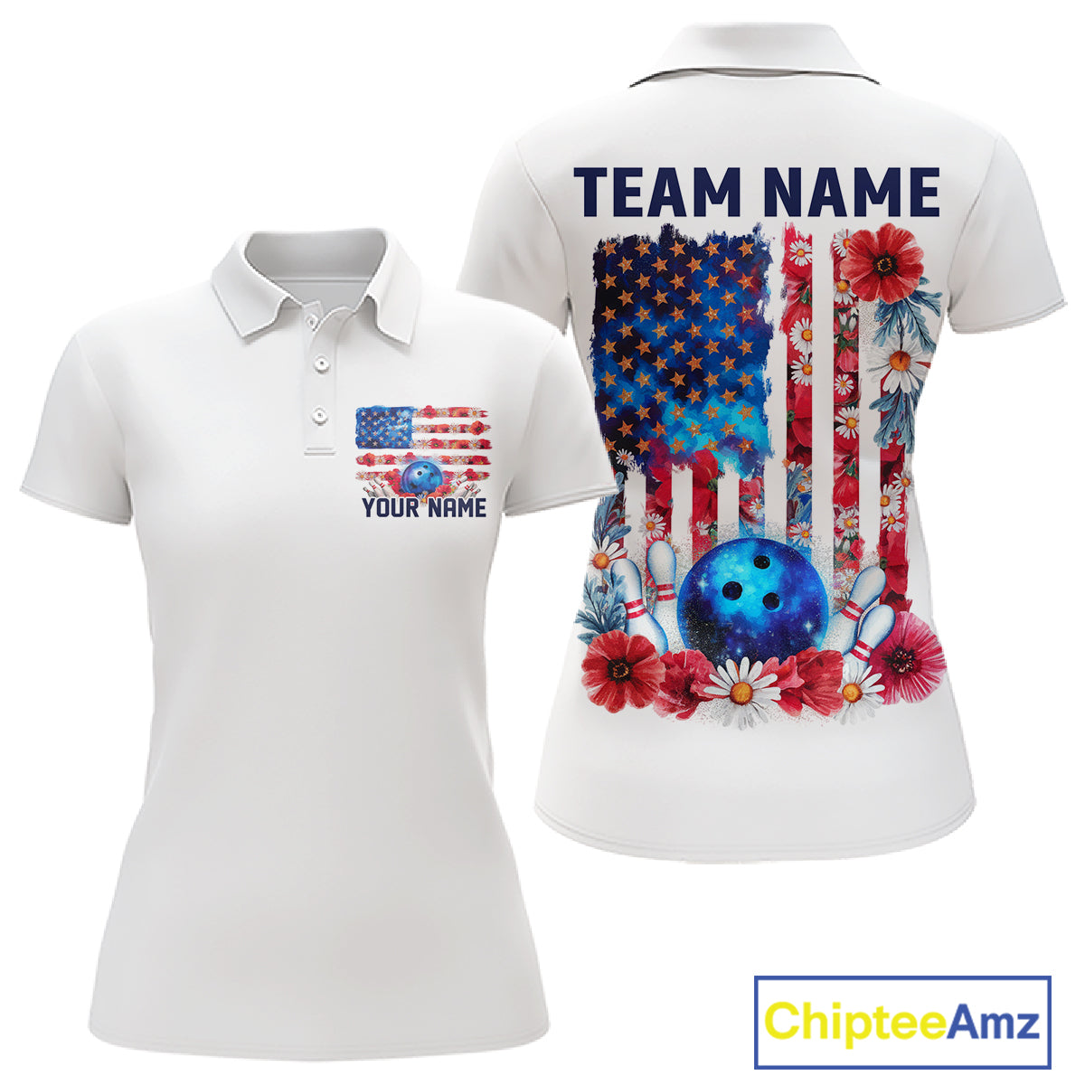 Custom Wild Flower Patriotic US Flag Bowling Polo Shirts For Women, Hippie Bowling Shirt IPHW9753