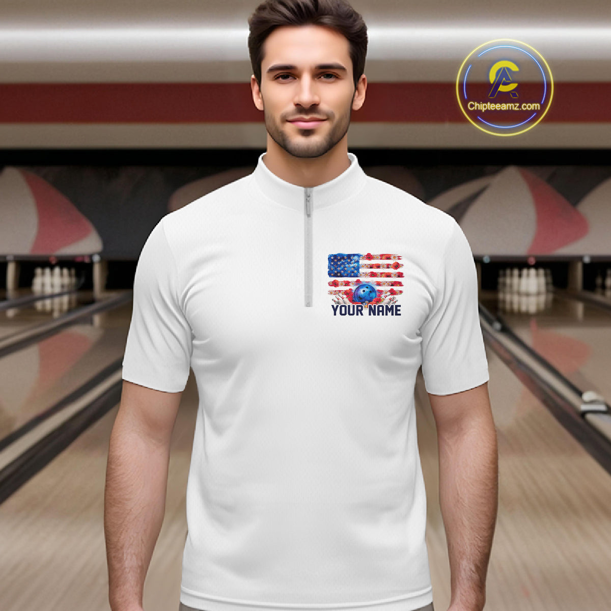 Custom Wild Flower Patriotic US Flag Bowling Quarter-Zip Shirts For Men, Hippie Bowling Shirt IPHW9753