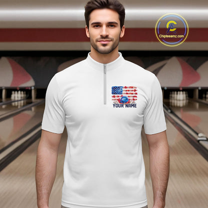 Custom Wild Flower Patriotic US Flag Bowling Quarter-Zip Shirts For Men, Hippie Bowling Shirt IPHW9753