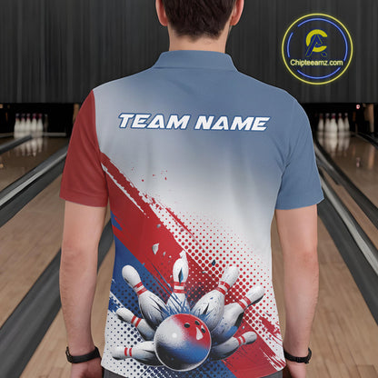 Custom Red, White And Blue Patriotic Bowling Polo Shirts For Men, Bowling League Shirt IPHW9544