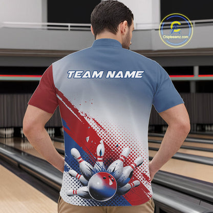 Custom Red, White And Blue Patriotic Bowling Quarter-Zip Shirts For Men, Bowling League Shirt IPHW9544