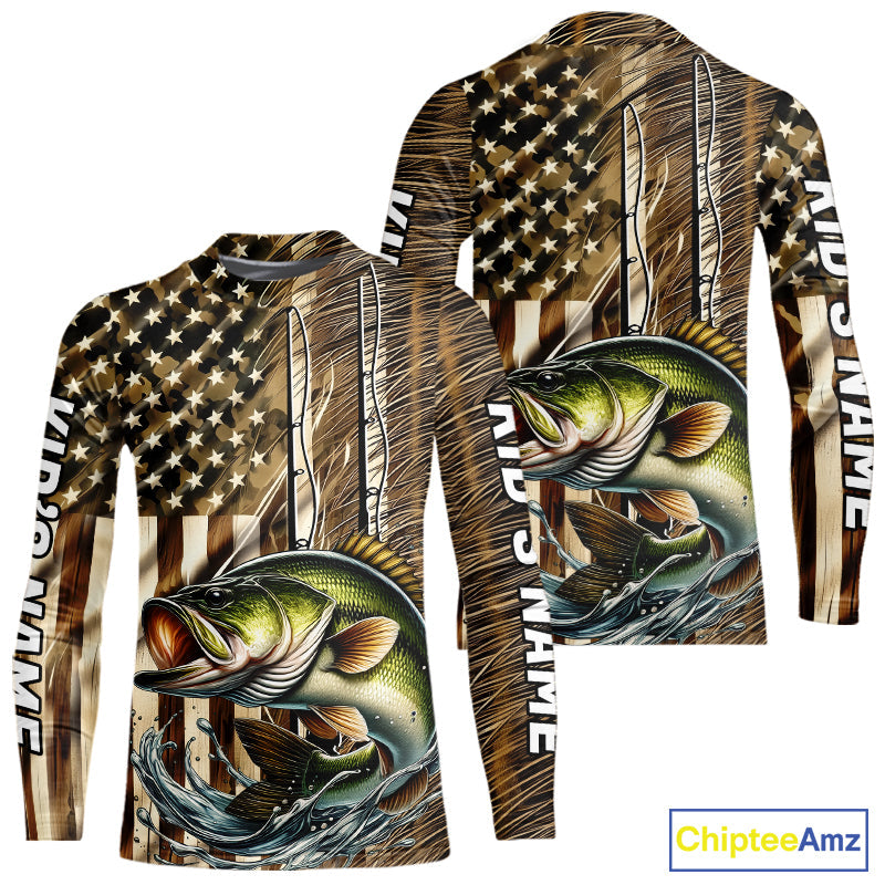 Custom Patriotic Camouflage American Flag Rod Largemouth Bass Kid Long Sleeve Fishing Shirts IPHW9218