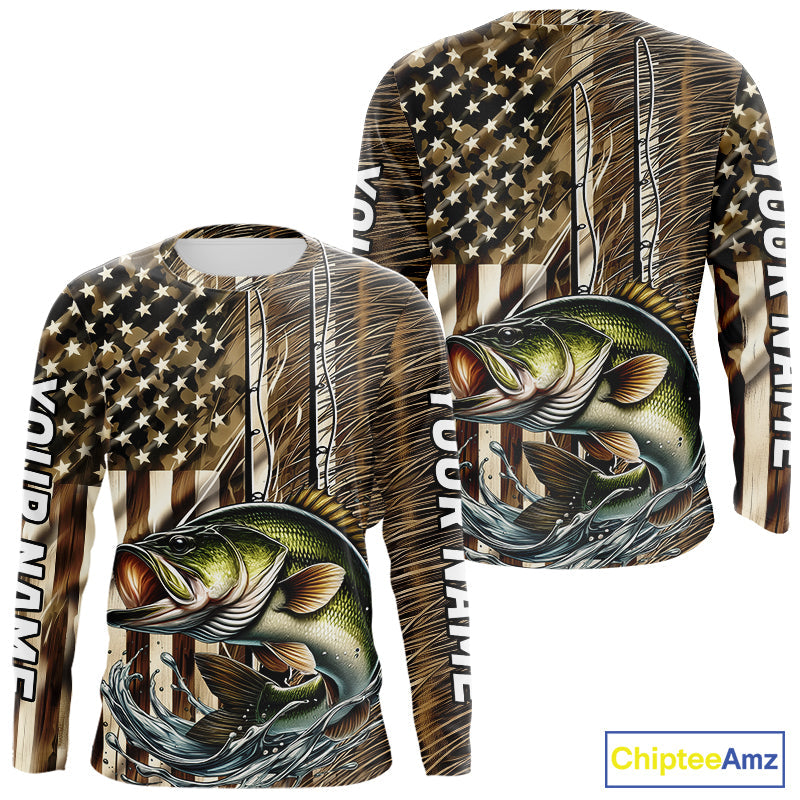Custom Patriotic Camouflage American Flag Fishing Rod Largemouth Bass Long Sleeve Fishing Shirts IPHW9218