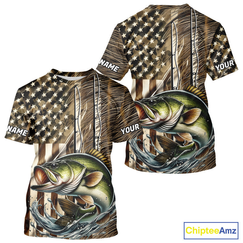Custom Patriotic Camouflage American Flag Fishing Rod Largemouth Bass Fishing T-Shirts IPHW9218