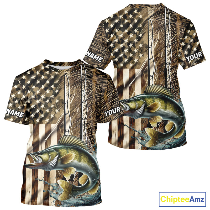 Custom Patriotic Camouflage American Flag Fishing Rod Walleye Fishing T-Shirts IPHW9219