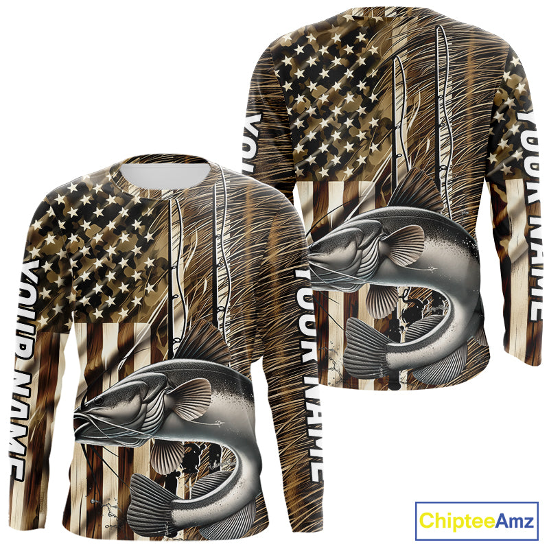 Custom Patriotic Camouflage American Flag Fishing Rod Catfish Long Sleeve Fishing Shirts IPHW9220