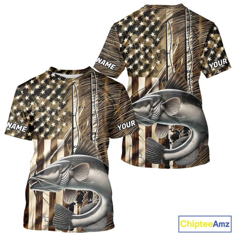 Custom Patriotic Camouflage American Flag Fishing Rod Catfish Fishing T-Shirts IPHW9220