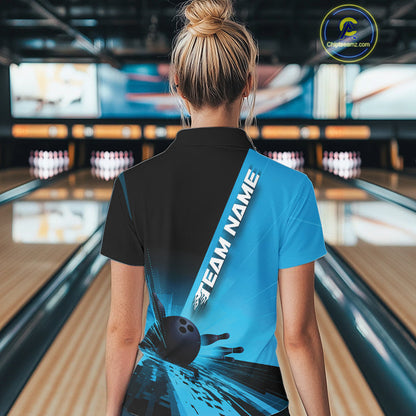 Custom Black And Blue Strike Bowling Polo Shirts For Women, Bowling Team Uniform IPHW9552