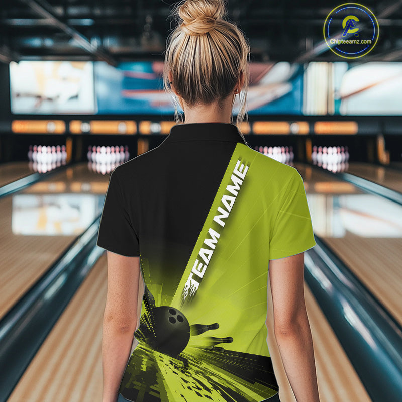 Custom Black And Green Strike Bowling Quarter-Zip Shirts For Women, Bowling Team Uniform IPHW9553